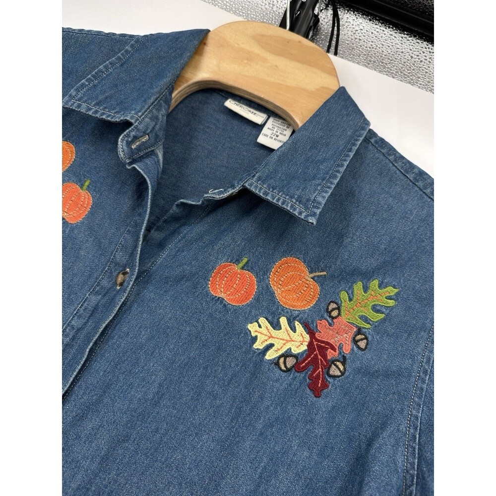 Vintage Cherokee button up denim shirt Flowers granny top embroidery size 22W